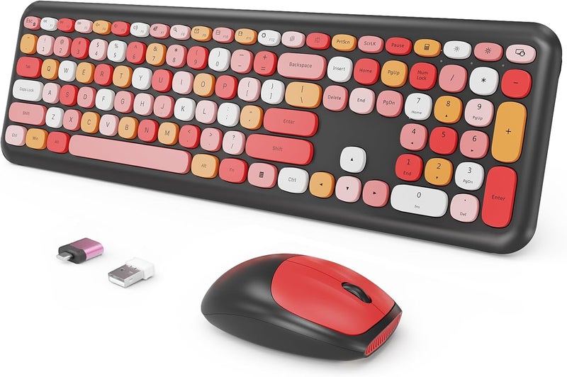 SkyGive Wireless Keyboard and Mouse Combo, Colorful Ergonomic Full Size Retro Low-Noise Keyboard with Cute keycaps, Compatible with Windows, PC, Perfer for Home and Office Keyboards (Black) - Image 1